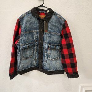 Levis Strauss Men's Premium Denim Jean Trucker Jacket with Plaid Sleeves Size M